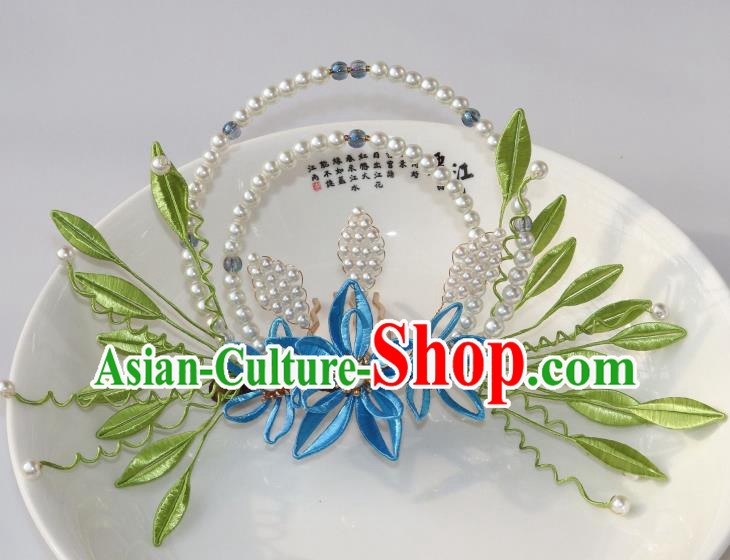 Chinese Ancient Hanfu Pearls Hair Comb Traditional Ming Dynasty Blue Silk Flowers Hair Crown