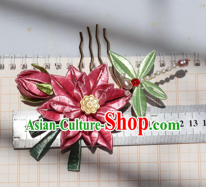 Chinese Handmade Pearls Dragonfly Hairpin Hair Accessories Ancient Palace Princess Pink Silk Lotus Hair Comb