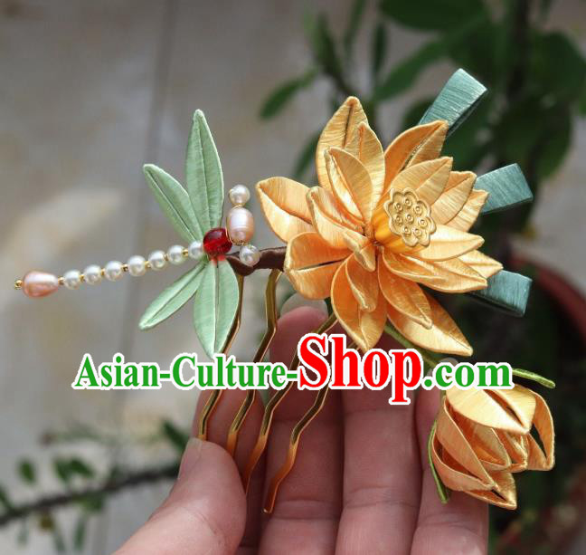 Chinese Hair Accessories Ancient Princess Yellow Silk Lotus Hair Comb Handmade Pearls Dragonfly Hairpin