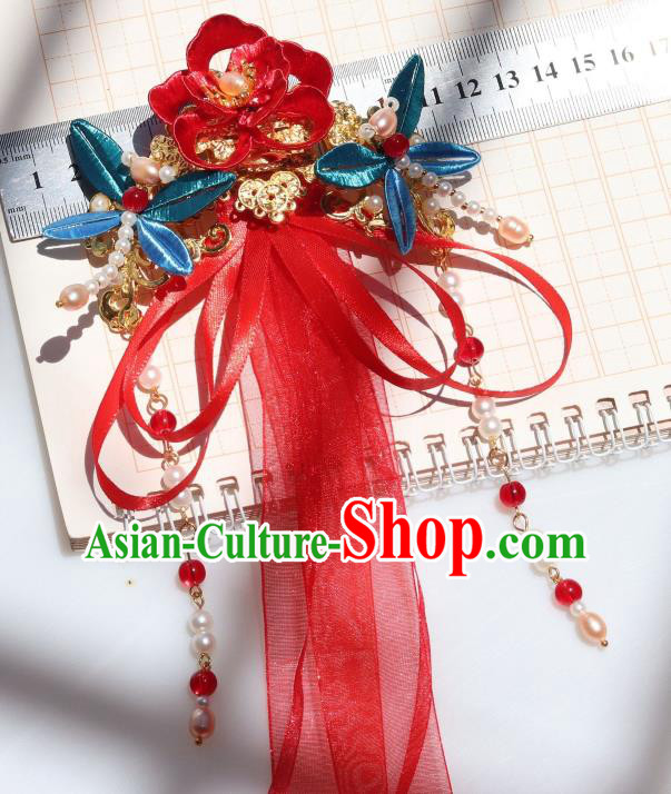 Chinese Ancient Princess Red Silk Ribbon Hair Claw Handmade Hanfu Tassel Hair Accessories
