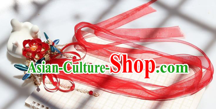 Chinese Ancient Princess Red Silk Ribbon Hair Claw Handmade Hanfu Tassel Hair Accessories