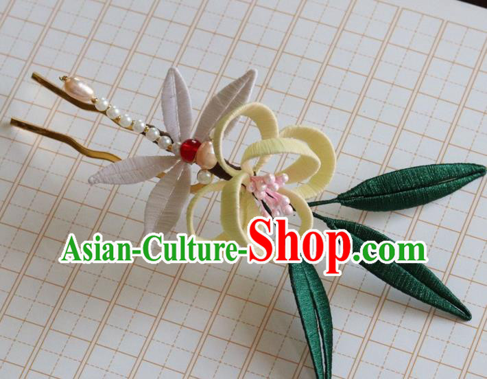 Chinese Ancient Palace Lady Pearls Dragonfly Hair Stick Handmade Hanfu Yellow Silk Flowers Hairpin