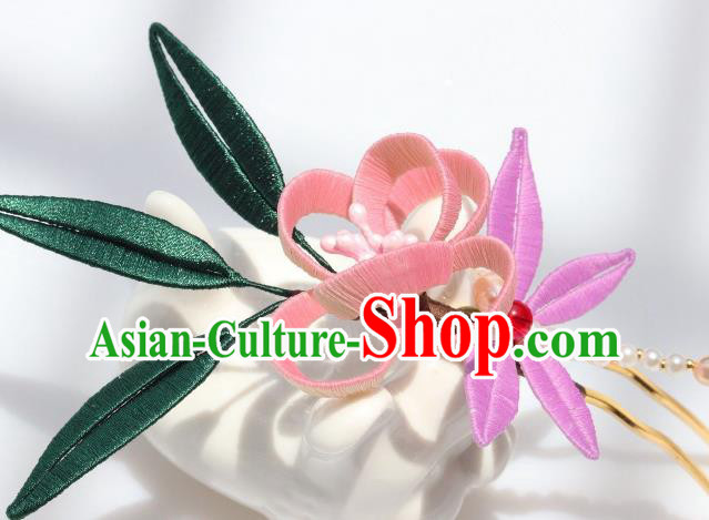 Chinese Handmade Hanfu Pink Flowers Hairpin Ancient Palace Lady Pearls Dragonfly Hair Stick