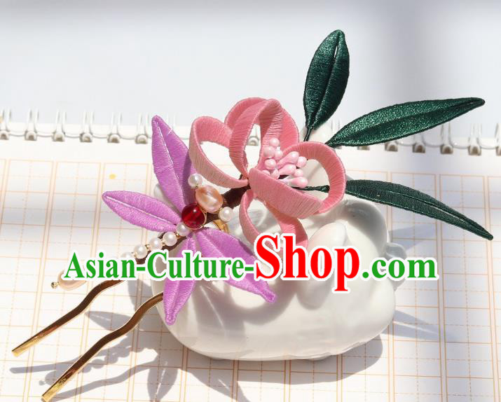 Chinese Handmade Hanfu Pink Flowers Hairpin Ancient Palace Lady Pearls Dragonfly Hair Stick