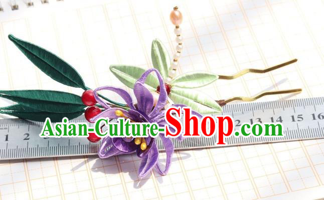 Chinese Ancient Princess Purple Silk Flower Hair Stick Handmade Song Dynasty Court Pearls Hairpin