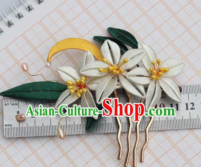 Chinese Ancient Young Beauty Hair Comb Handmade Song Dynasty Court Silk Moon Flowers Hairpin