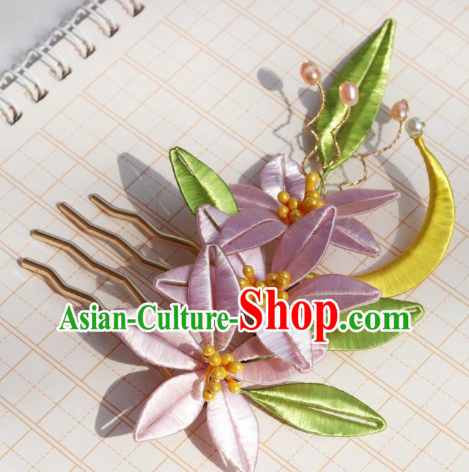 Chinese Ancient Palace Lady Pearls Hair Comb Handmade Song Dynasty Court Pink Silk Moon Tuberose Hairpin