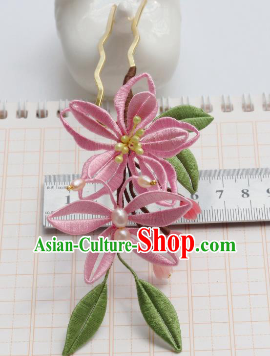 Chinese Ancient Princess Pink Silk Lily Flowers Hair Stick Handmade Song Dynasty Palace Lady Hairpin