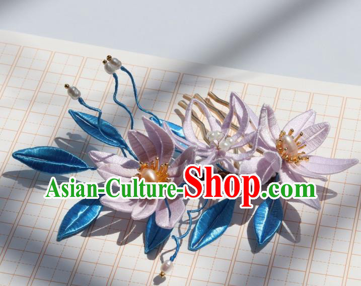 Chinese Ancient Court Lady Lilac Silk Epiphyllum Hair Comb Handmade Song Dynasty Princess Pearls Hairpin