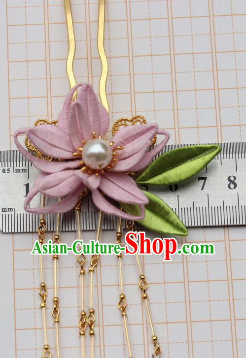 Chinese Handmade Hanfu Tassel Hair Stick Ancient Ming Dynasty Princess Pink Silk Epiphyllum Hairpin