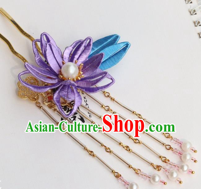 Chinese Ancient Ming Dynasty Princess Purple Epiphyllum Hairpin Handmade Hanfu Pearls Tassel Hair Stick