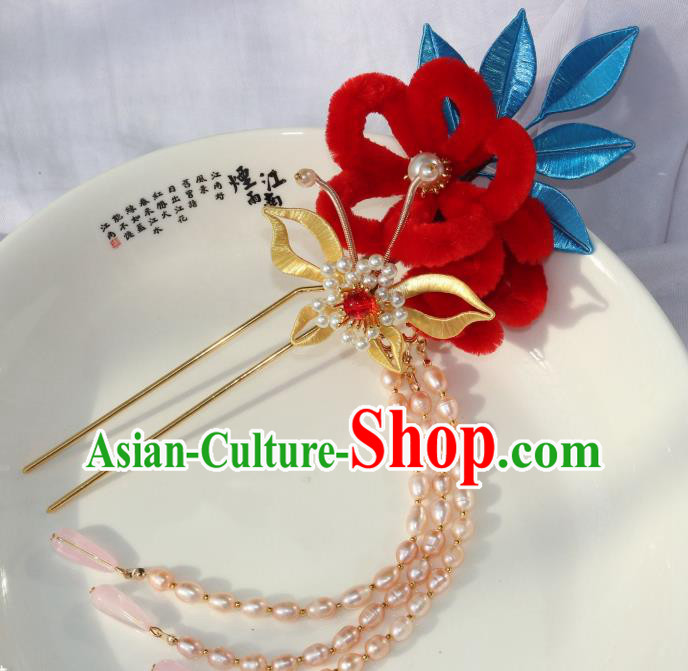 Chinese Ancient Young Lady Red Velvet Flower Hairpin Traditional Ming Dynasty Princess Pearls Tassel Hair Clip