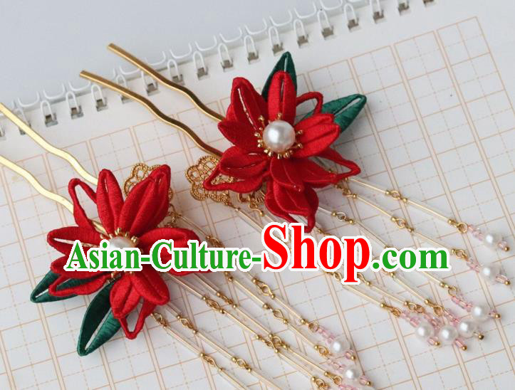 Chinese Handmade Hanfu Red Epiphyllum Hair Stick Ancient Ming Dynasty Princess Pearls Tassel Hairpin