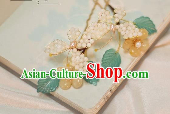 Chinese Handmade Yellow Plum Blossom Hair Stick Ancient Ming Dynasty Princess Beads Butterfly Hairpin