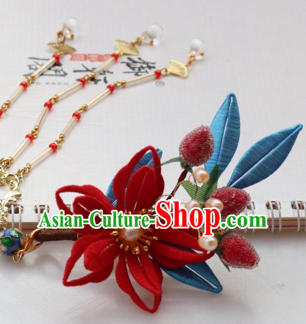 Chinese Handmade Long Tassel Hair Stick Ancient Ming Dynasty Princess Strawberry Flower Hair Claw