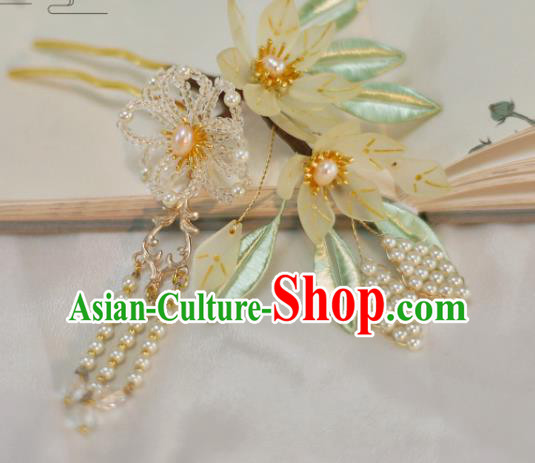Chinese Handmade Beads Flowers Hair Stick Ancient Ming Dynasty Princess Pearls Tassel Hairpin