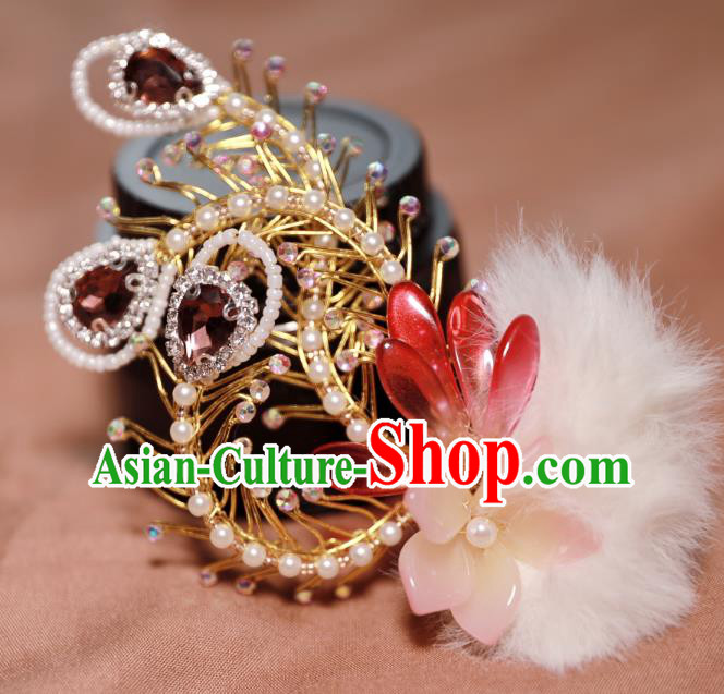 Chinese Handmade Pearls Phoenixl Hair Stick Ancient Ming Dynasty Noble Lady Red Crystal Hairpin