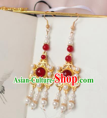 China Handmade Ancient Bride Earrings Traditional Ming Dynasty Wedding Pearls Ear Jewelry