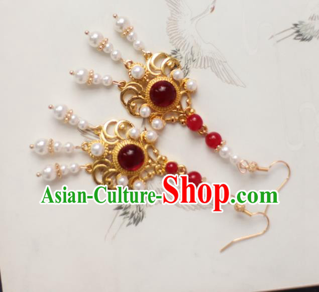 China Handmade Ancient Bride Earrings Traditional Ming Dynasty Wedding Pearls Ear Jewelry