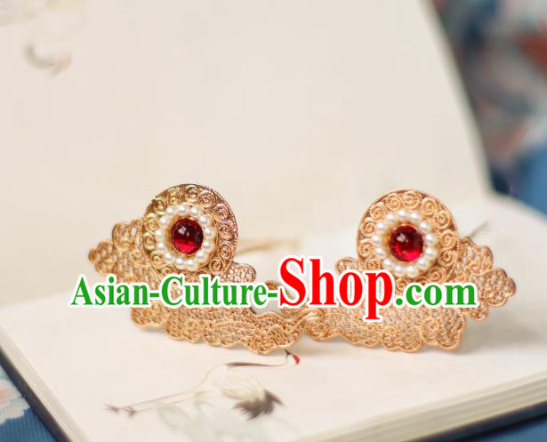 Chinese Handmade Golden Cloud Hairpins Ancient Tang Dynasty Princess Pearls Hair Stick