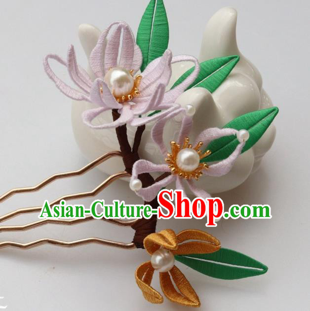 Chinese Handmade Pearls Hair Stick Ancient Ming Dynasty Princess Silk Orchids Hair Comb