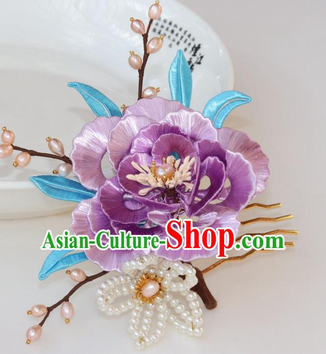 Chinese Ancient Noble Woman Hairpin Traditional Ming Dynasty Princess Lilac Peony Hair Comb