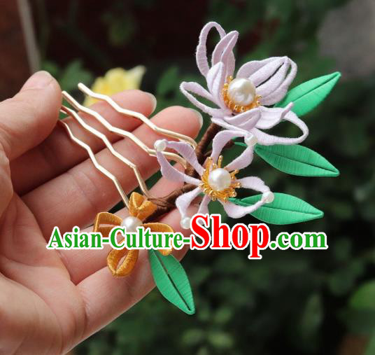 Chinese Handmade Pearls Hair Stick Ancient Ming Dynasty Princess Silk Orchids Hair Comb