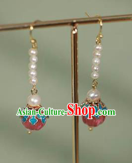 China Handmade Tourmaline Pearls Earrings Traditional Qing Dynasty Court Enamel Ear Jewelry
