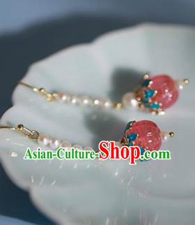China Handmade Tourmaline Pearls Earrings Traditional Qing Dynasty Court Enamel Ear Jewelry