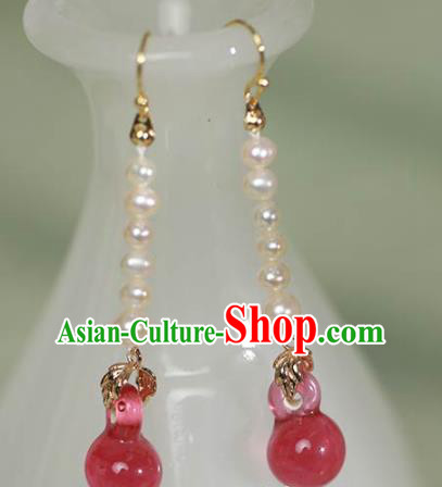 China Handmade National Pearls Earrings Traditional Cheongsam Pink Colored Glaze Ear Jewelry