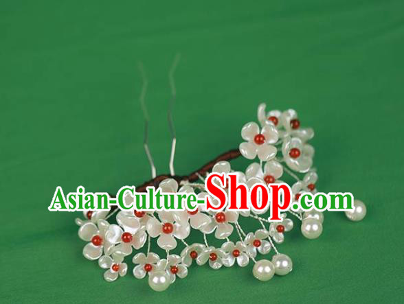 Chinese Handmade Shell Flowers Hairpin Ancient Qing Dynasty Noble Woman Pearls Hair Stick