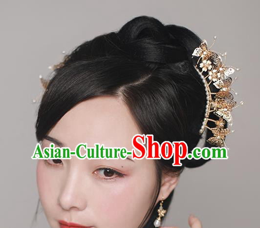 Chinese Traditional Ming Dynasty Golden Butterfly Hair Stick Ancient Princess Pearls Hairpin