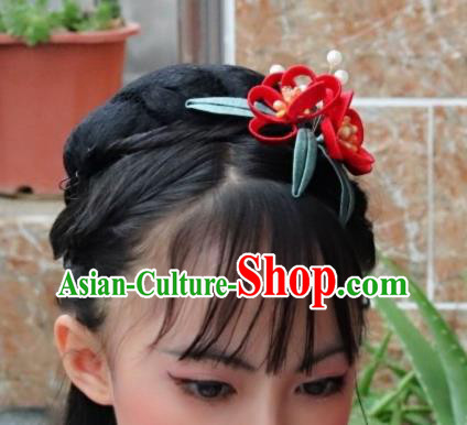 Chinese Handmade Hanfu Hair Stick Ancient Ming Dynasty Princess Red Flowers Hairpin