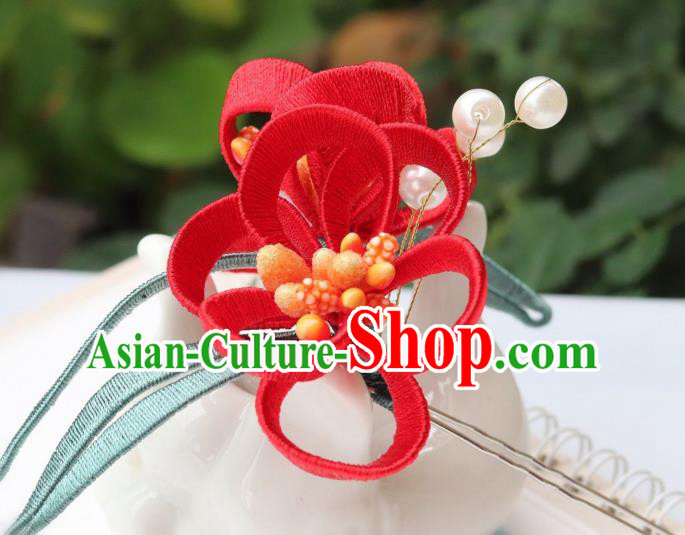Chinese Handmade Hanfu Hair Stick Ancient Ming Dynasty Princess Red Flowers Hairpin