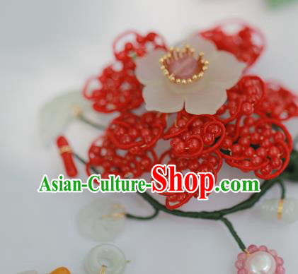 Chinese Traditional Ming Dynasty Imperial Concubine Hair Stick Ancient Empress Red Beads Jade Hairpin