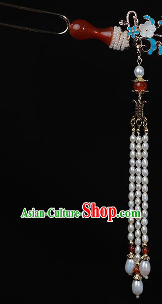 Chinese Ancient Empress Pearls Tassel Hairpin Traditional Qing Dynasty Agate Vase Hair Stick