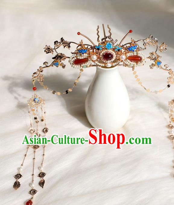 Chinese Ancient Palace Lady Pearls Tassel Hairpin Traditional Ming Dynasty Blueing Hair Crown