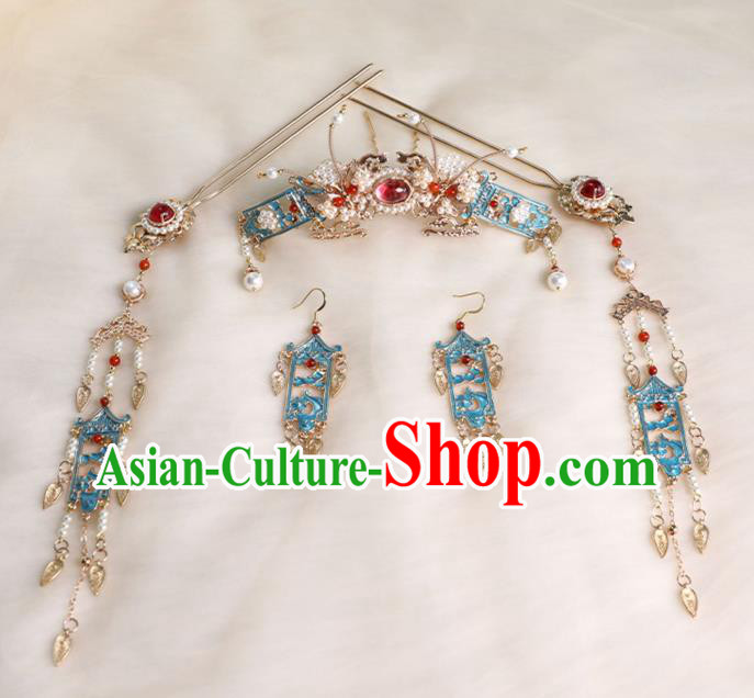 Chinese Ancient Princess Tassel Hairpins Traditional Ming Dynasty Cloisonne Hair Accessories Full Set