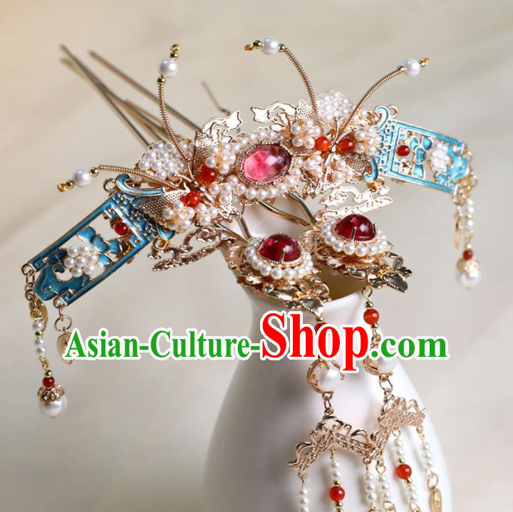 Chinese Ancient Princess Tassel Hairpins Traditional Ming Dynasty Cloisonne Hair Accessories Full Set