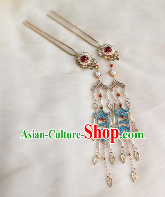Chinese Ancient Princess Pearls Tassel Hairpin Traditional Ming Dynasty Cloisonne Hair Stick