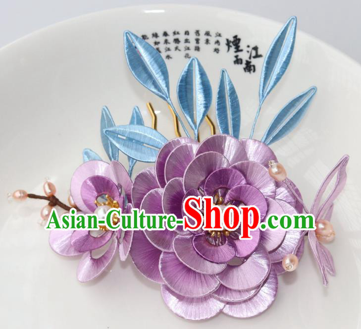 Chinese Ancient Princess Lilac Silk Camellia Hairpin Traditional Hanfu Pearls Hair Comb