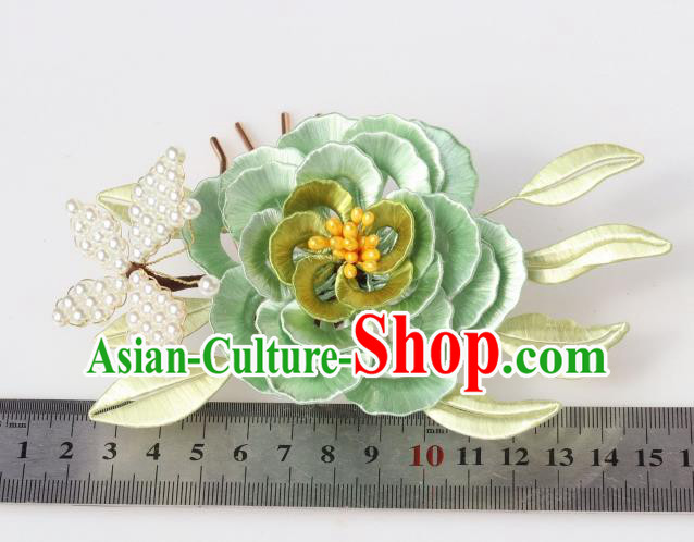 Chinese Ancient Princess Green Silk Camellia Hairpin Traditional Hanfu Pearls Butterfly Hair Comb