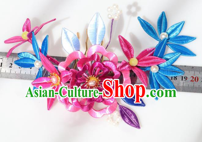 Chinese Ancient Princess Rosy Silk Peony Hairpin Traditional Hanfu Pearls Hair Comb