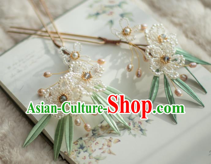 Chinese Handmade Beads Plum Blossom Hair Stick Ancient Ming Dynasty Princess Pearls Hairpin