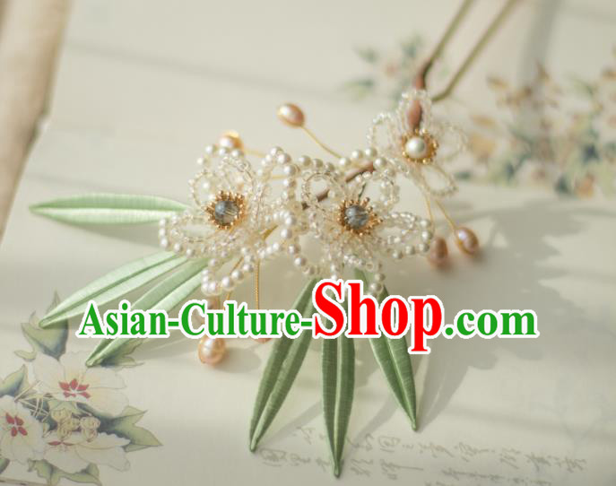 Chinese Handmade Beads Plum Blossom Hair Stick Ancient Ming Dynasty Princess Pearls Hairpin