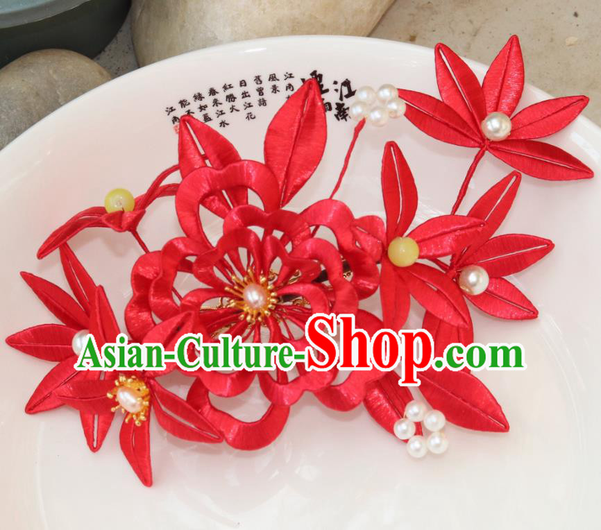 Chinese Traditional Song Dynasty Pearls Hair Comb Ancient Princess Red Silk Peony Hairpin