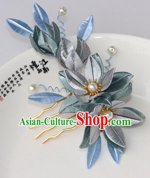 Chinese Ancient Palace Princess Pearls Hairpin Traditional Song Dynasty Grey Silk Flowers Hair Comb