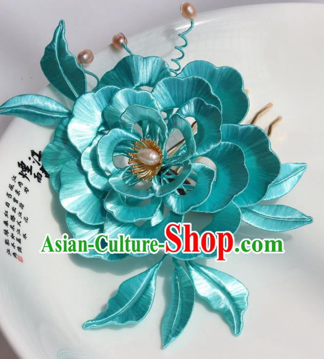 Chinese Ancient Court Princess Hairpin Traditional Ming Dynasty Blue Silk Peony Hair Comb Headpiece