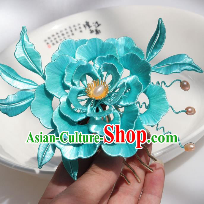 Chinese Ancient Court Princess Hairpin Traditional Ming Dynasty Blue Silk Peony Hair Comb Headpiece