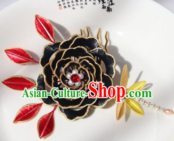 Chinese Traditional Ming Dynasty Black Silk Peony Hair Comb Headwear Ancient Princess Pearls Dragonfly Hairpin